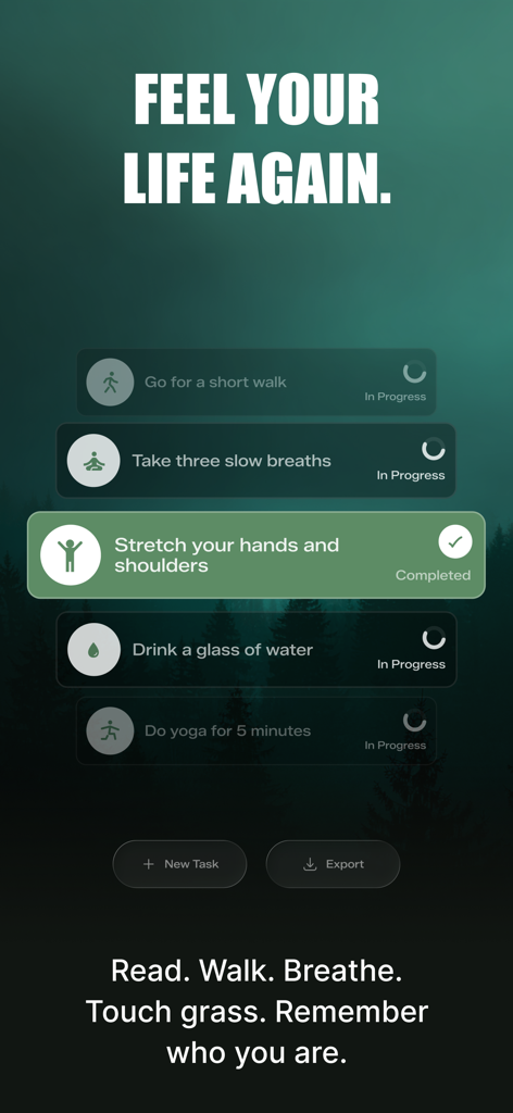 Stop Doomscrolling: AntiApp - 暗い緑の森の背景に、ウォーキングや呼吸などのウェルネス目標が表示されたAntiAppのミニマルなタスクリスト。