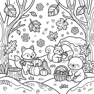 Discover the enchanting blend of seasons with this adorable Kawaii coloring page featuring cute woodland animals preparing for autumn and winter. Delight in the cozy scene where friendly foxes, squirrels, and bears gather pumpkins, acorns, and mushrooms under a whimsical snowfall.