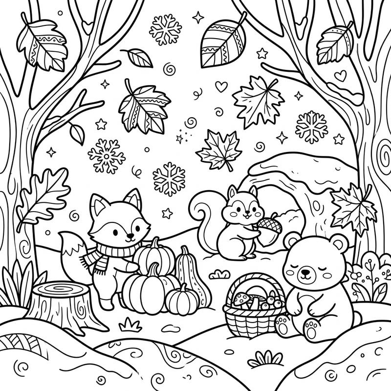 Discover the enchanting blend of seasons with this adorable Kawaii coloring page featuring cute woodland animals preparing for autumn and winter. Delight in the cozy scene where friendly foxes, squirrels, and bears gather pumpkins, acorns, and mushrooms under a whimsical snowfall.
