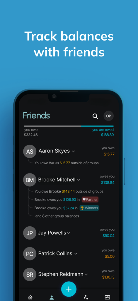 Chipp - Chipp mobile app interface showing a list of friends with tracked balances for shared expenses