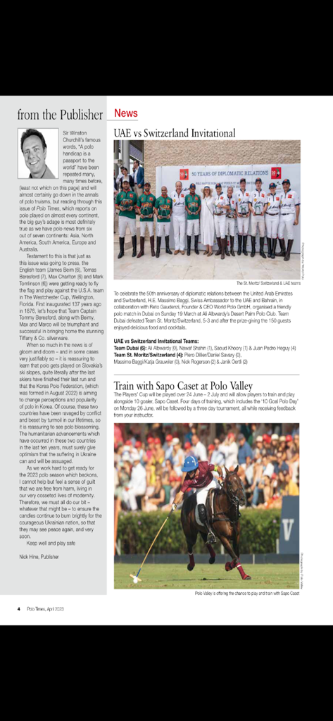 Polo Times - A digital page from Polo Times magazine featuring a publisher's note and articles about international polo invitational matches.