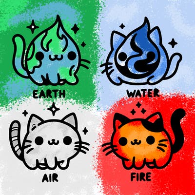 4 cats that represent the different elements, earth, water, air, and fire
