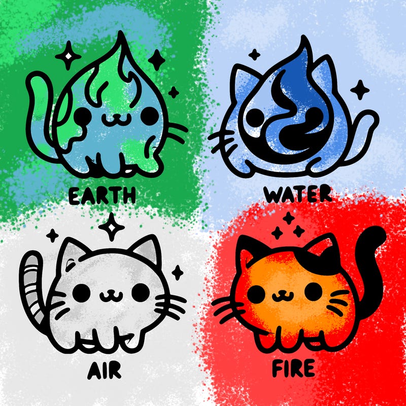 4 cats that represent the different elements, earth, water, air, and fire