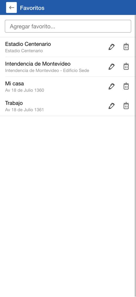 The favorites interface of the Como ir app showing saved transit destinations