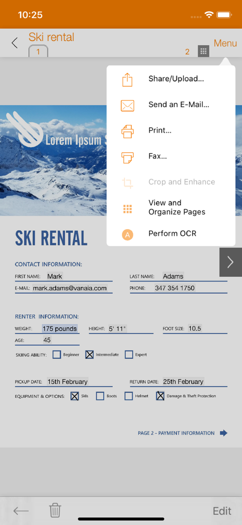 ScanWritr Pro - ScanWritr Proアプリで、ドキュメントの共有、メール送信、印刷、ファックスのオプションが表示されている様子