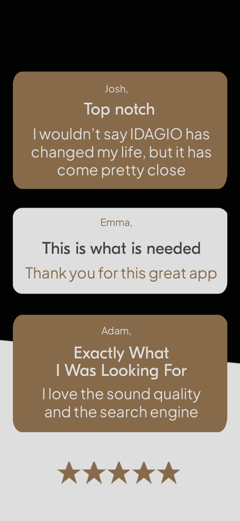 IDAGIO Stream Classical Music - A display of positive user reviews from Josh, Emma, and Adam with a five star rating for the IDAGIO classical music app.