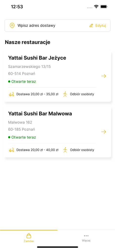 Yattai Sushi Bar - Mobile app interface showing a list of Yattai Sushi Bar restaurant locations with delivery and pickup information.