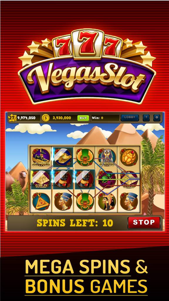 Slots of Vegas: Casino Slot Machines & Pokies - ピラミッドと古代のアイコンを特徴とするエジプトをテーマにしたスロットマシンゲーム画面