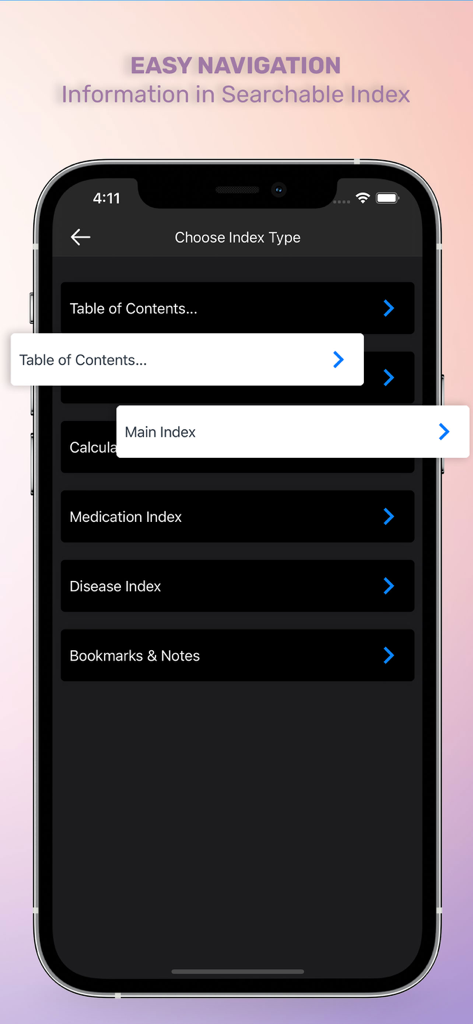 Mobile screen of the RNotes app showing a searchable index for quick nursing reference including table of contents and medication index
