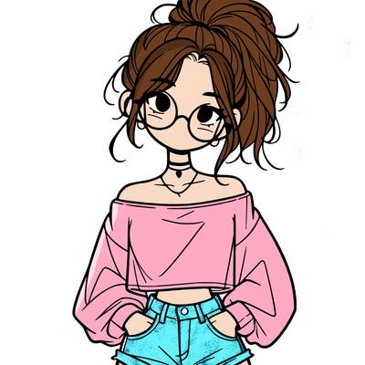 girl with a messy ponytail glasses a baggy crop top and jean shorts