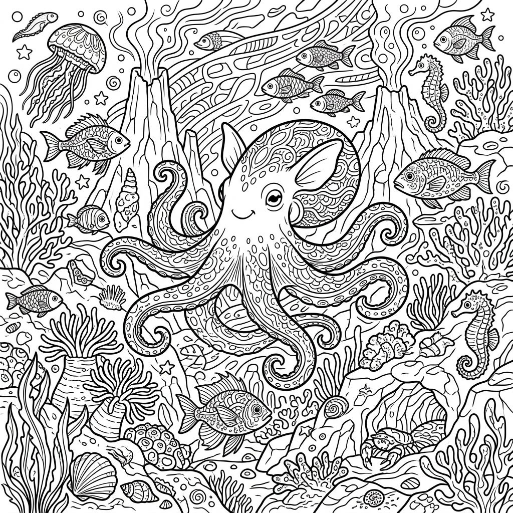 Dumbo Octopus Full Scene Coloring Page | Deep-Sea Adventure