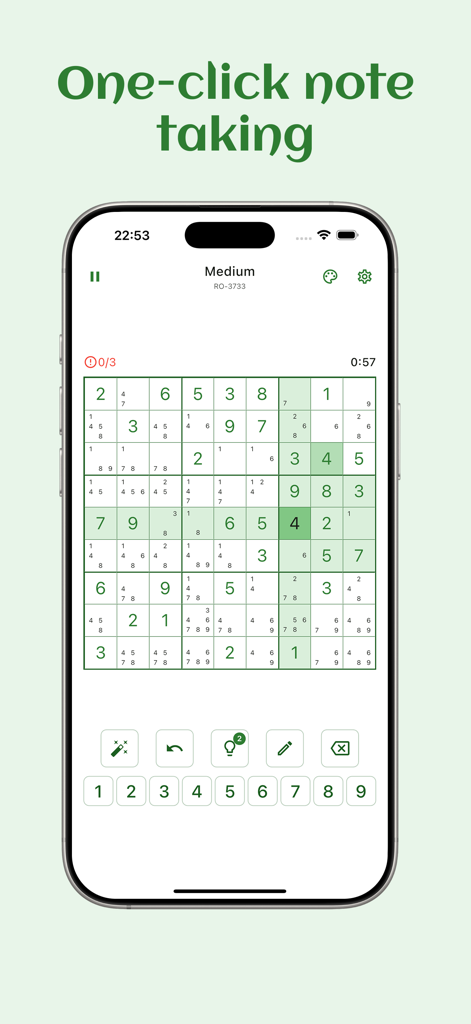 Sudoku Clean - No ads - A mobile screen showing the Sudoku Clean app with a medium difficulty puzzle and a green header highlighting the one click note taking feature