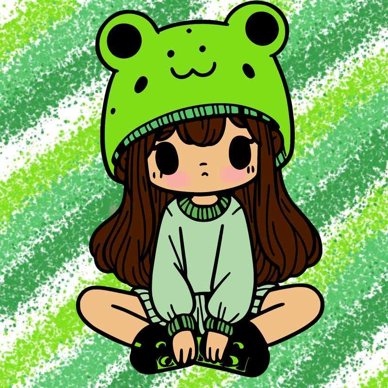 a girl wearing a frog hat and some frog socks