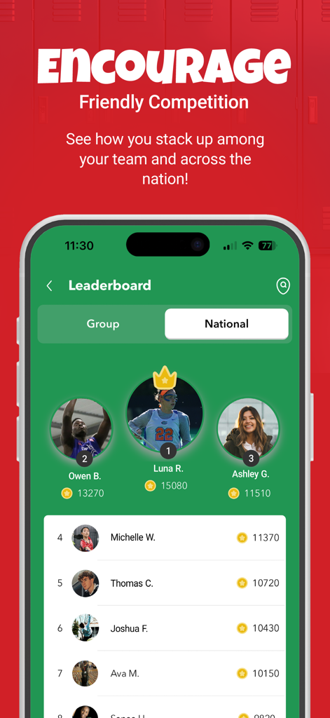 MoneyDolly - MoneyDolly app national leaderboard screen showing top fund raising participants with rankings and coin totals