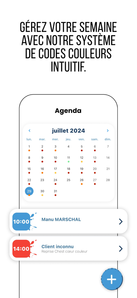 Tattoomorrow - Tattoomorrow app interface showing a color-coded monthly calendar with daily tattoo and piercing appointments.