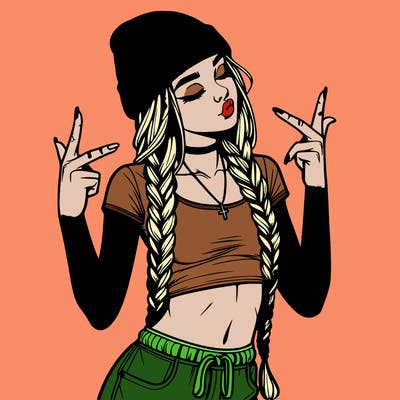 realistic teenage girl with braids and a beanie and crop top doing 🫶🏼