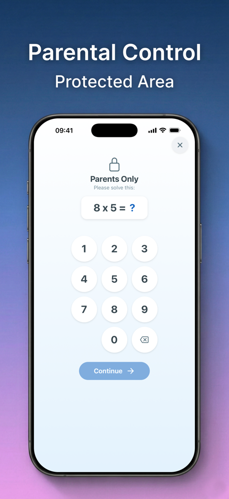 Parental control screen in Klokko app requiring a math problem solution to access the protected area.
