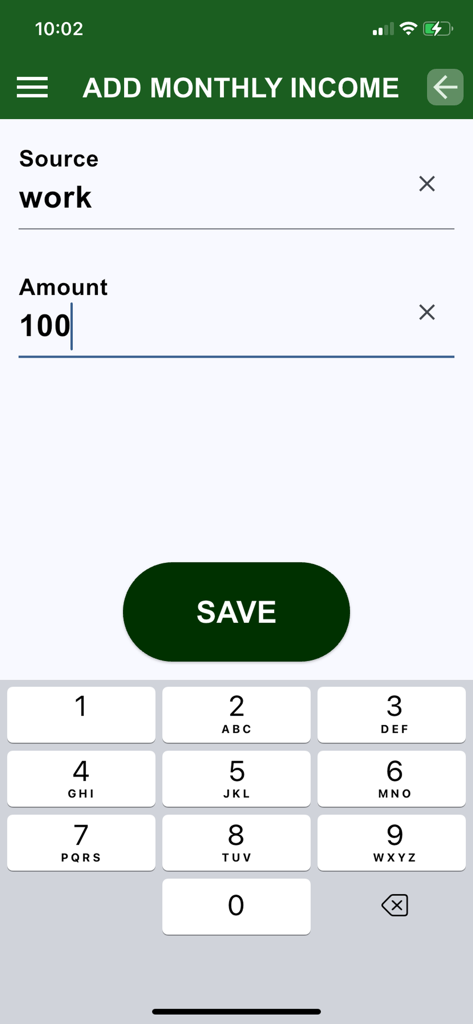 User interface for adding monthly income source and amount in the Pay Down Velocity Banking app