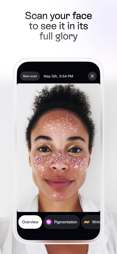 Mobile App-Oberfläche, die einen KI-Gesichtsscan zur Analyse von Hautpigmentierung und Falten zeigt