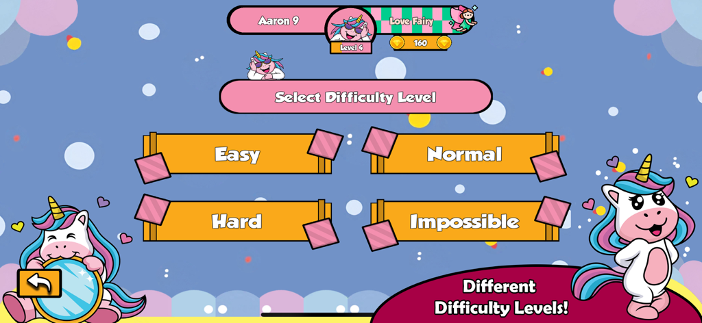 Unicorn Puzzle Game - Pantalla de selección de dificultad del Juego de Puzles de Unicornios con opciones para niveles Fácil, Normal, Difícil e Imposible