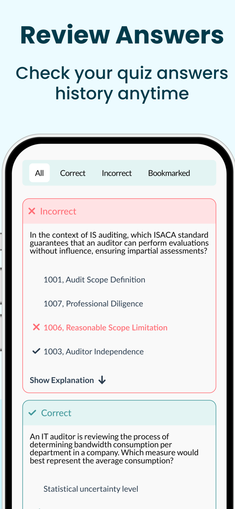 ISACA EXAM PREP 2026 - Una pantalla de teléfono inteligente de la aplicación ISACA Exam Prep que muestra un historial de respuestas de cuestionarios revisados con explicaciones de opciones correctas e incorrectas
