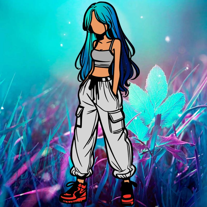 girl in baggy pants crop top and long hair