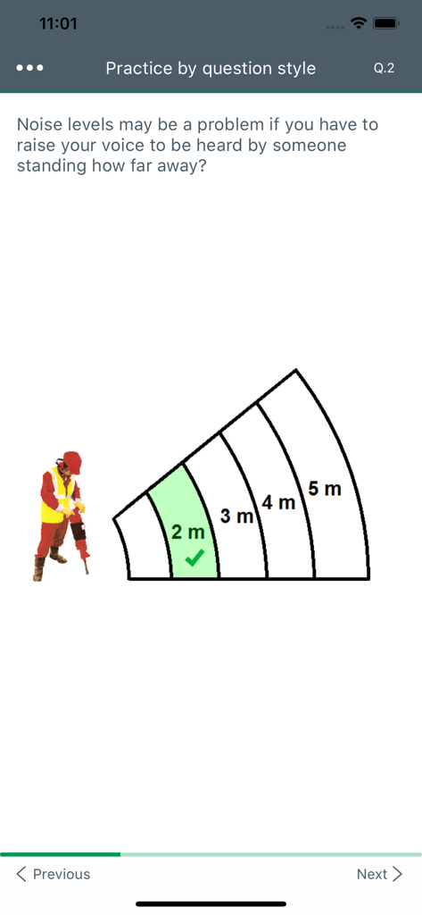 Practice question in the CITB HS&E test app asking about noise levels and communication distance.