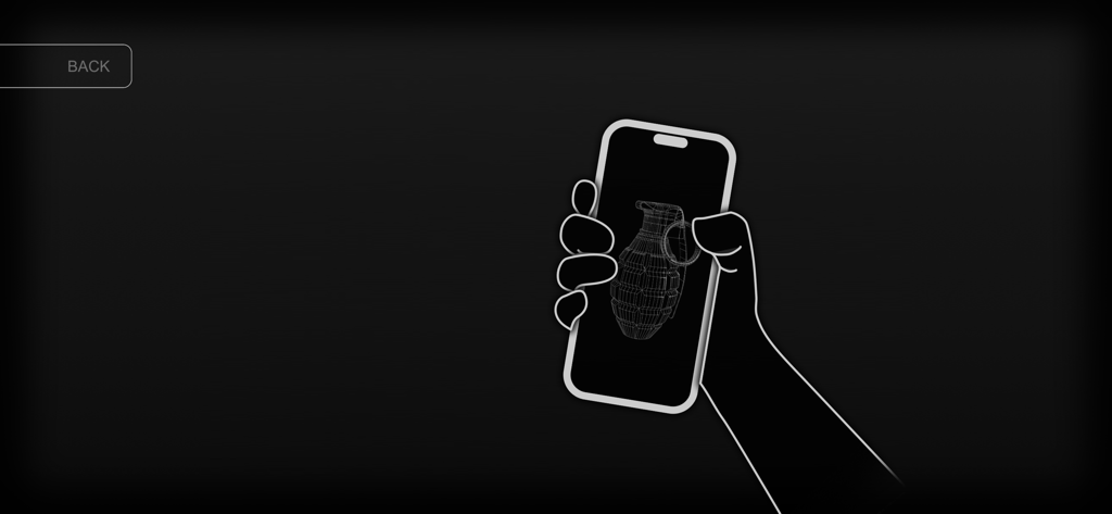 A hand holding a smartphone displaying a wireframe grenade illustration in the PewPewPew app