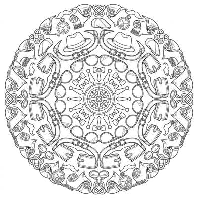 Explore a sophisticated world of style with this unique men's accessories mandala coloring page. Immerse yourself in a symmetrical design featuring dapper items from hats to pocket watches, perfect for a relaxing creative escape.