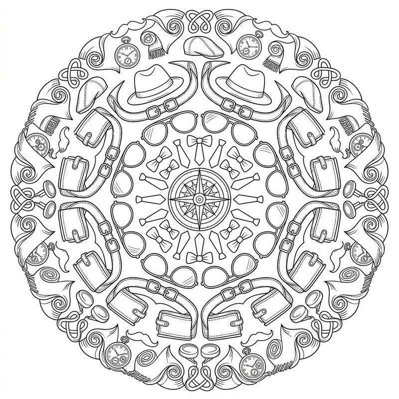 Explore a sophisticated world of style with this unique men's accessories mandala coloring page. Immerse yourself in a symmetrical design featuring dapper items from hats to pocket watches, perfect for a relaxing creative escape.