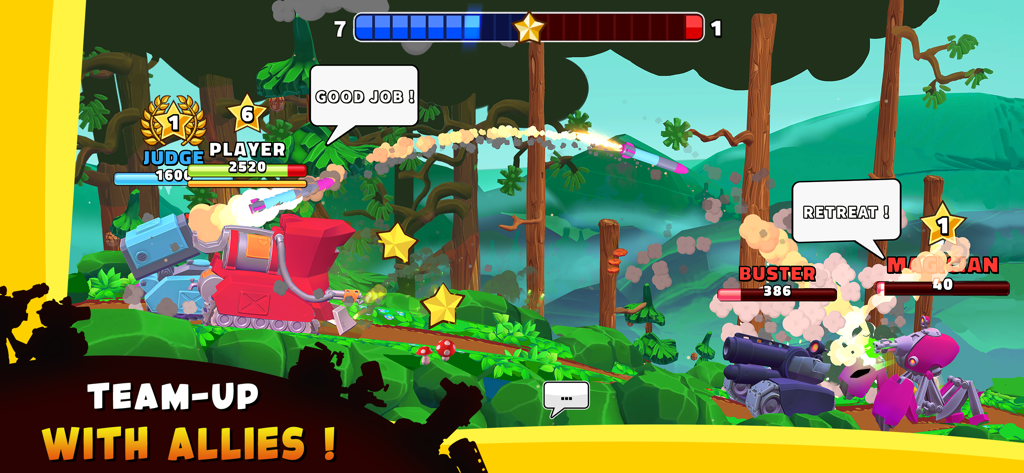 Hills of Steel 2 - Multiplayer 3v3 tank battle gameplay in Hills of Steel 2 showing team coordination and combat.