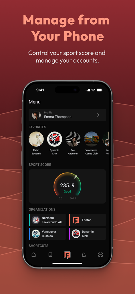 Fitofan - Fitofanモバイルアプリのインターフェース。ユーザープロフィールのスポーツスコアと組織管理が表示されています。