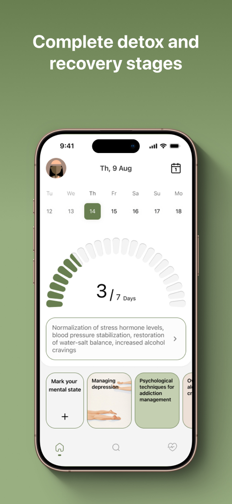 ALCOntrol - Alcohol Tracker - ALCOntrol 앱의 모바일 인터페이스, 해독 및 회복 단계를 진행률 추적기와 함께 표시