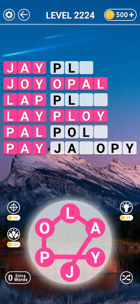 Ein Screenshot des Word Connect Mobile Games, der ein Kreuzworträtselgitter mit pinken Kacheln vor einer Berglandschaft und einem kreisförmigen Buchstabenrad zum Wischen zeigt.