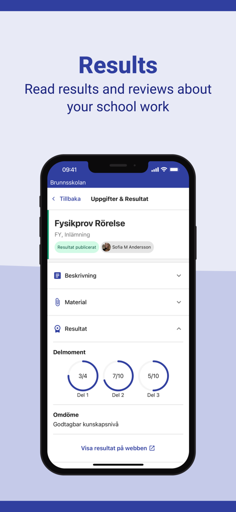 Interface of the SchoolSoft Elev app showing student test results and academic performance tracking.