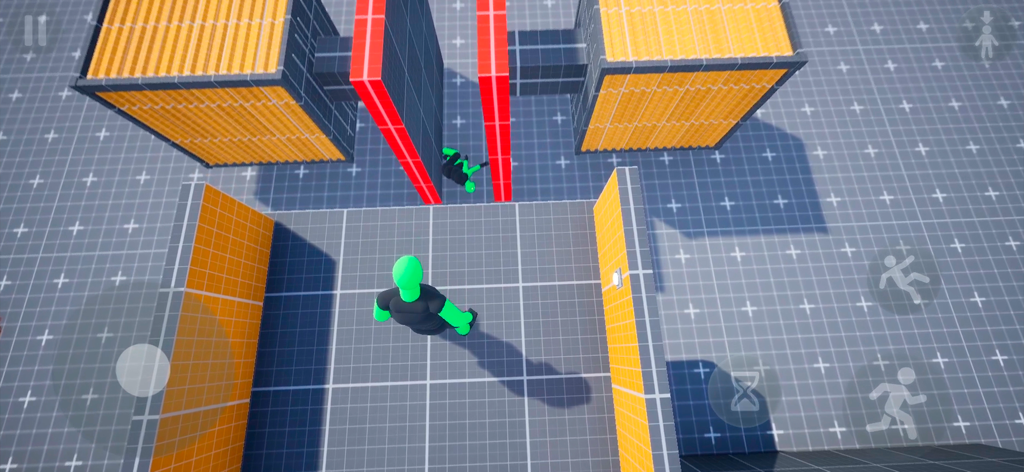 A green ragdoll alien standing in a physics sandbox environment with colorful obstacles