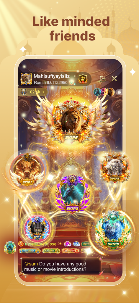 Hayuki - Travel,Chat,Share - A golden-themed chat room interface in the Hayuki app featuring multiple users with ornate SVIP status frames and a message asking for music and movie recommendations.