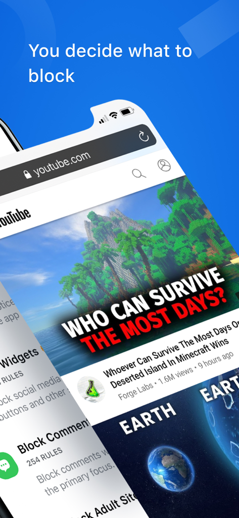 Oberfläche von SkyBlue Ad Blocker, die YouTube in Safari und benutzerdefinierte Blockierregeln für Kommentare zeigt