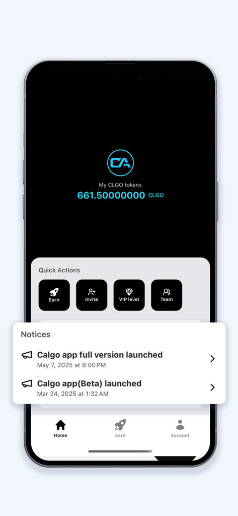 Calgo - Calgo mobile app dashboard showing user CLGO token balance and quick action menu options
