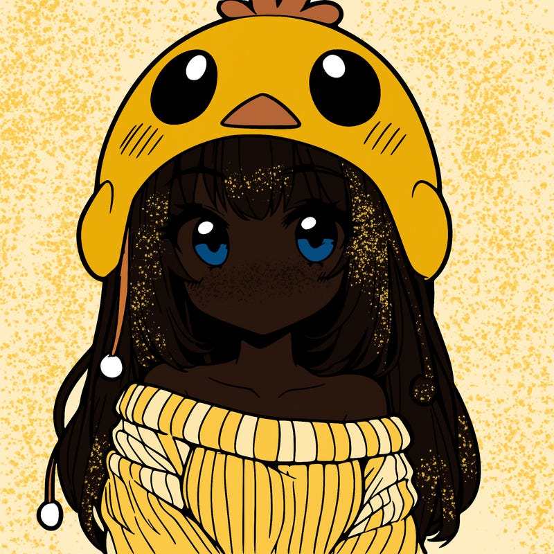 anime girl with chick shaped hat with sweater with bare shoulders with bangs covering them one eye with low tail