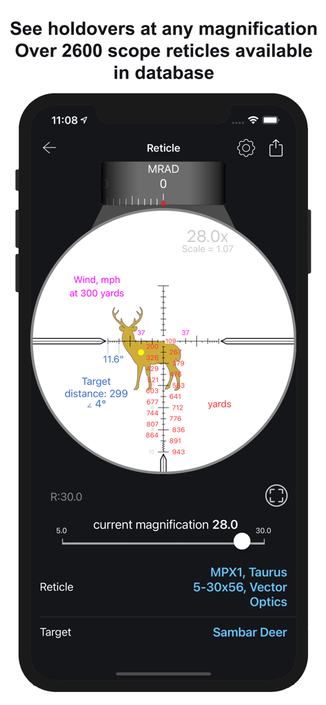 Chairgun Elite Ballistic Tool - Mobile app interface showing a simulated rifle scope reticle with ballistic holdover data and a deer target.