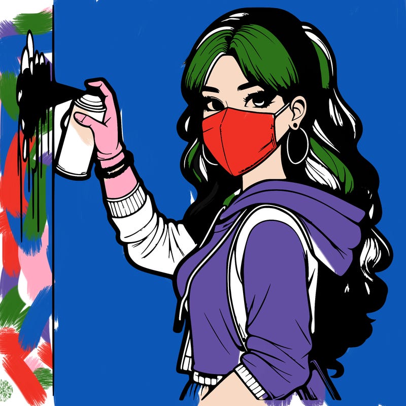 realistic girl with mask spray painting a wall