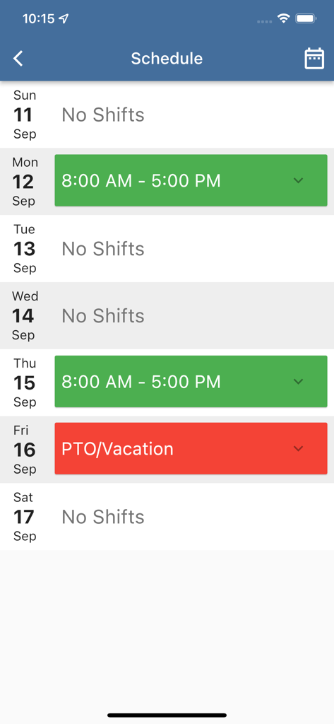 TimeTrex - TimeTrex app interface displaying a weekly work schedule with shifts and PTO