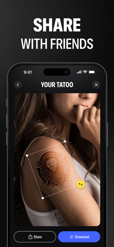 AI Tattoo Design Generator ㅤ - Woman visualizing an AI generated lion tattoo on her shoulder using the app
