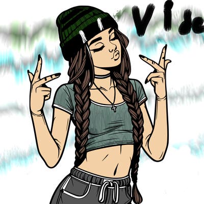 realistic teenage girl with braids and a beanie and crop top doing 🫶🏼