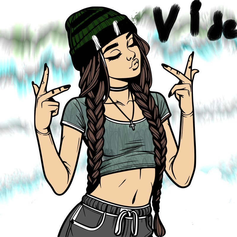 realistic teenage girl with braids and a beanie and crop top doing 🫶🏼