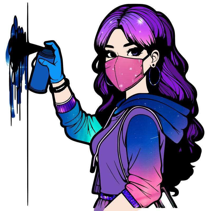 realistic girl with mask spray painting a wall