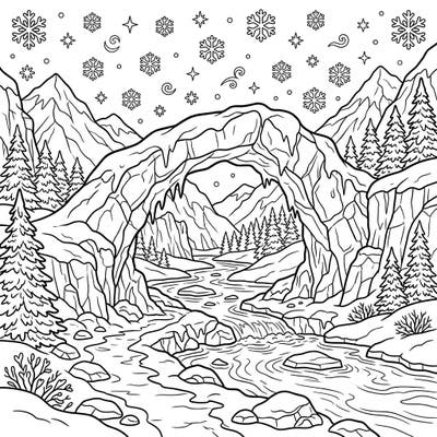 Discover a breathtaking ice bridge spanning a vibrant river in this charming coloring page for kids. Let your imagination soar as you bring this snowy mountain landscape to life with colors and creativity.
