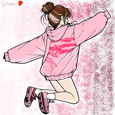 realistic girl jumping with a bun and oversized sweatshirt