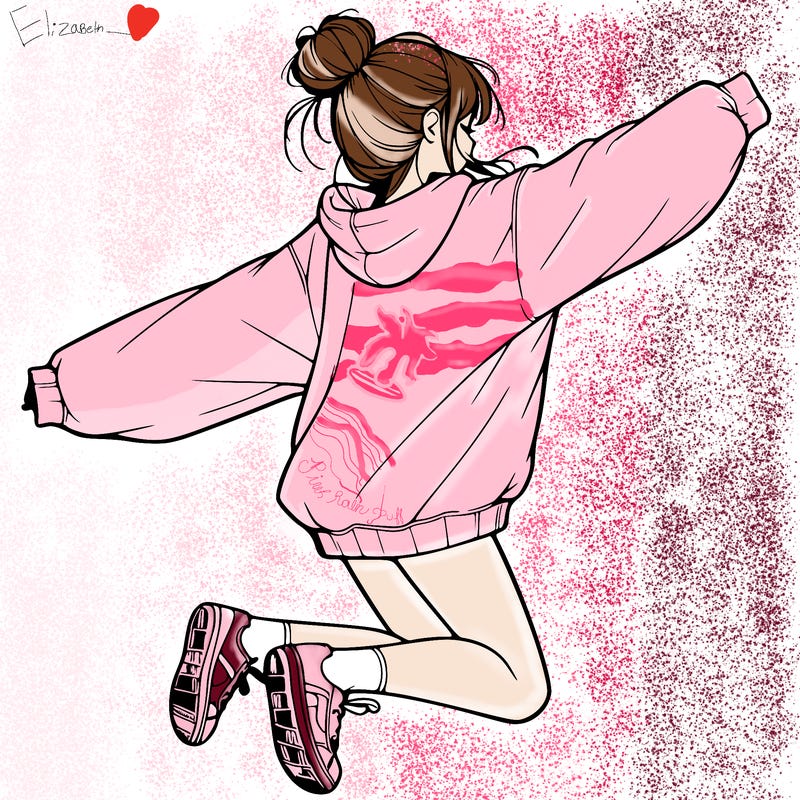 realistic girl jumping with a bun and oversized sweatshirt